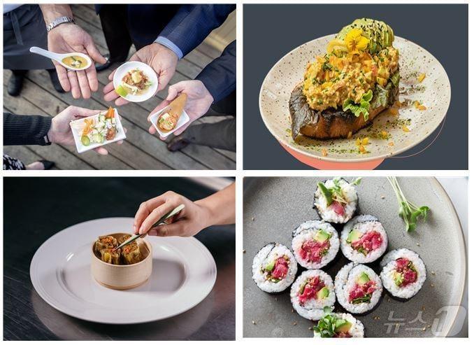 본문 이미지 - 대체 수산물로 만든 요리. 왼쪽 위쪽부터 시계방향으로 블루날루, 훅드푸드, 핀테트, 시오크 미트(사진출처: 각 회사 누리집)