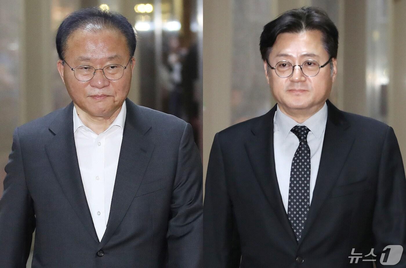 본문 이미지 - 윤재옥 국민의힘 원내대표 겸 대표 권한대행(왼쪽)과 홍익표 더불어민주당 원내대표가 30일 오후 서울 여의도 국회에서 여야 원내대표 회동을 위해 국회의장실에 들어서고 있다. 2024.4.30/뉴스1 ⓒ News1 임세영 기자