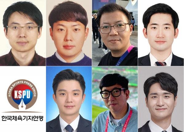 본문 이미지 - 왼쪽부터 시계 방향으로 KBS 손기성·하무림 기자, 스포츠동아 남장현·권재민·백현기 기자, 스포츠조선 박찬준 기자, SBS 전영민 기자. (한국체육기자연맹 제공)