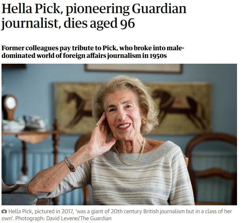 본문 이미지 -  4일&#40;현지시간&#41; 영국 유력지 일간 가디언 출신의 헬라 픽&#40;96&#41; 별세 소식을 전한 가디언지 기사 갈무리. 2024.04.05