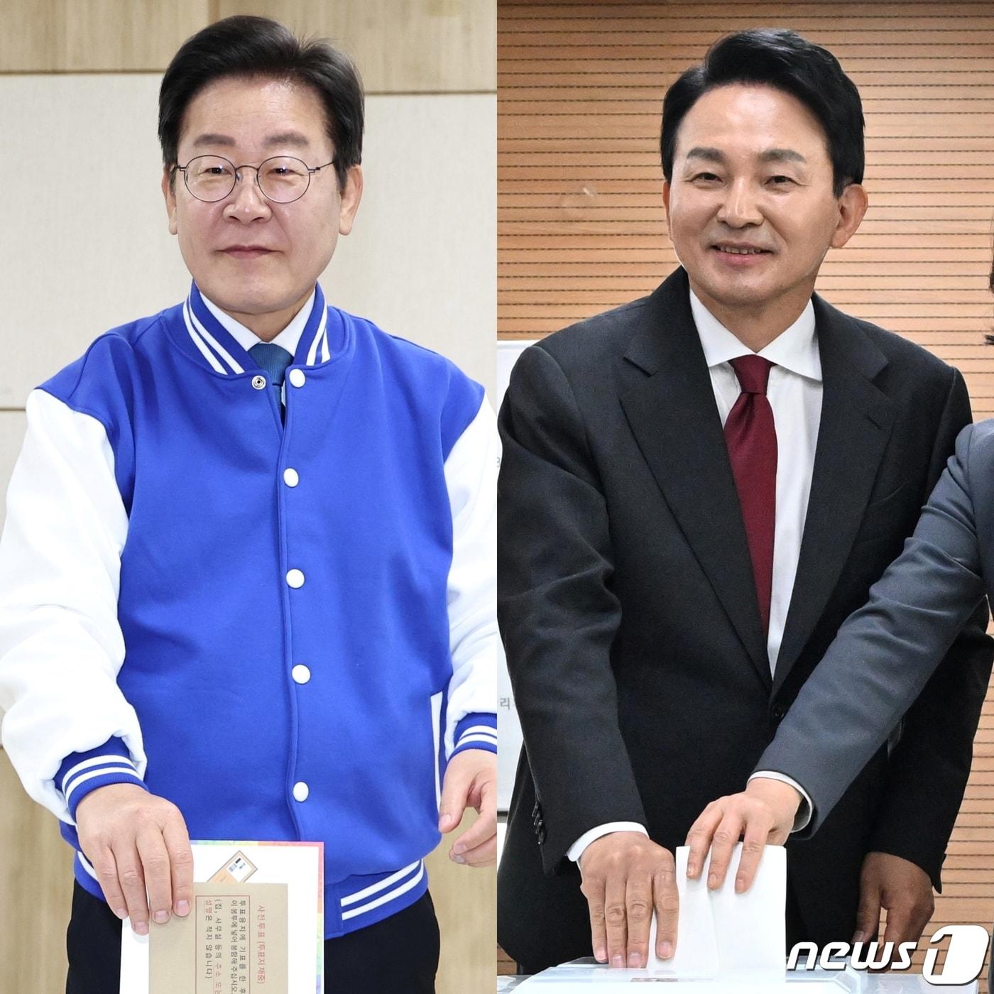 본문 이미지 - 인천 계양을에 출마한 이재명 더불어민주당 대표(왼쪽)와 원희룡 국민의힘 후보가 5일 오전 대전 중구 대전평생교육진흥원 사전투표소와 인천 계양구 계양3동 행정복지센터 사전투표소에서 각각 투표를 하고 있다. 2024.4.5/뉴스1 ⓒ News1 장수영 기자, 구윤성 기자