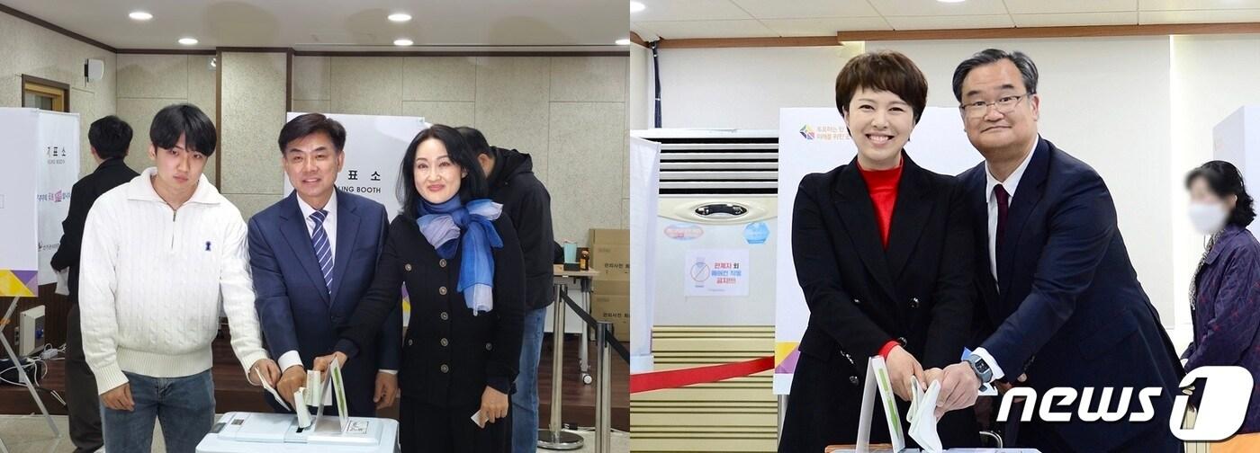 본문 이미지 - 경기 성남분당을 더불어민주당 김병욱(좌)·국민의힘 김은혜(우) 후보가 5일 오전 가족과 함께 4·10총선 사전투표에 나섰다.(김병욱, 김은혜 선거사무소 제공)/