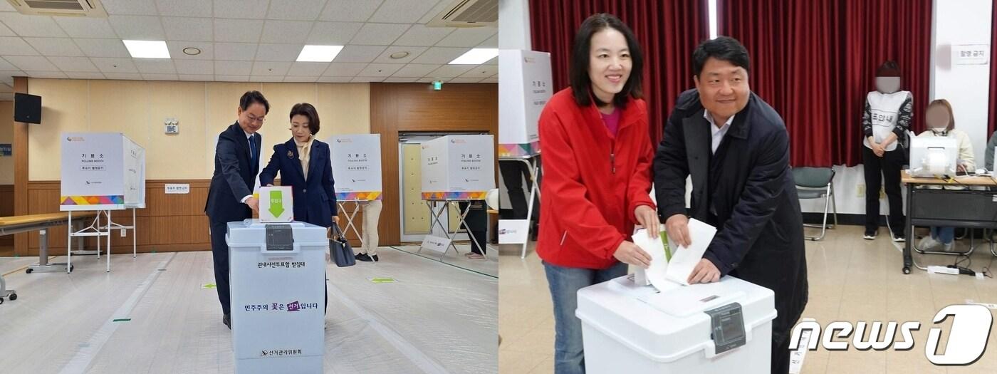 본문 이미지 - 사전 투표에 참여한 춘천갑 더불어민주당 허영 후보와 부인 정현자씨, 국민의힘 김혜란 후보와 남편 제갈철 씨.(독자제공, 후보 측 제공)