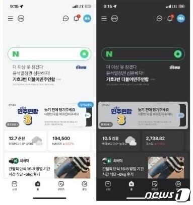 본문 이미지 - 네이버 메인 페이지에 노출된 정당 지지 광고. (네이버 제공)