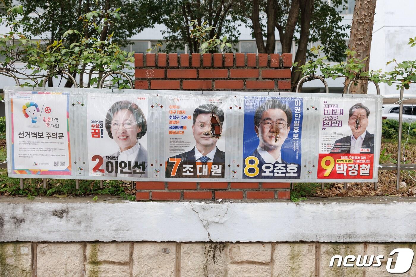 본문 이미지 - 대구 수성구을 선거구에서 야당 후보들의 선거 벽보가 훼손돼 경찰과 선거관리위원회가 경위를 파악하고 있다. (오준호 새진보연합 후보 측 제공)/뉴스1