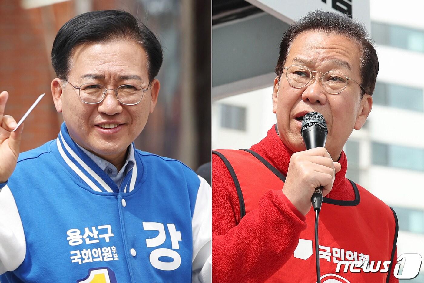 본문 이미지 - 강태웅 더불어민주당(왼쪽)·권영세 국민의힘 용산구 후보가 8일 오후 서울 용산구 일대에서 유권자들에게 지지를 호소하고 있다. 2024.4.8/뉴스1 ⓒ News1 민경석 기자,신웅수 기자