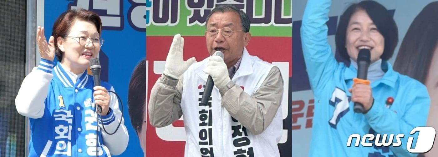 22대 총선 전남 순천·광양·곡성·구례을 후보들. 왼쪽부터 권향엽 더불어민주당 후보, 이정현 국민의힘 후보, 유현주 진보당 후보.(각 후보 캠프 측 제공)2024.4.8/뉴스1
