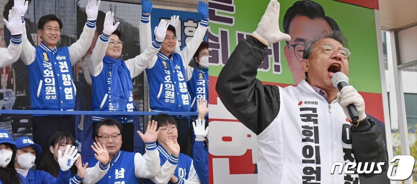 본문 이미지 - 22대 총선 전남 순천·광양·곡성·구례을 선거구. 왼쪽부터 권향엽 더불어민주당 후보(왼쪽 상단에서 두번째)와 이정현 국민의힘 후보.2024.4.9/뉴스1 ⓒ News1 김동수 기자