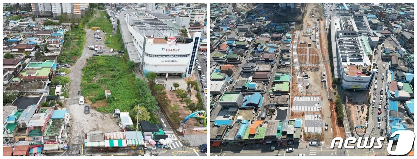 본문 이미지 - 군산시가 중앙동 도시재생사업 일환으로 공설시장 옆 폐철도 부지를 '광장과 놀이터'로 조성하고 있다. 사진은 광장·놀이터 조성 전(사진 왼쪽)과 후의 모습.(군산시 제공) 2024.4.9/뉴스1