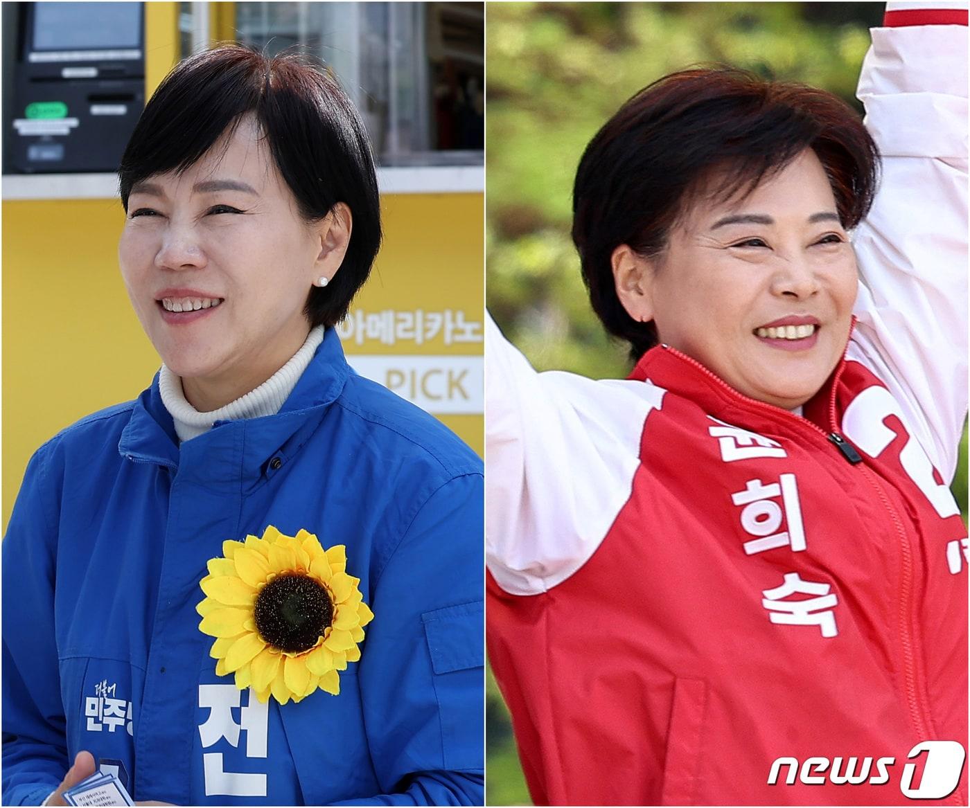 본문 이미지 - 전현희 더불어민주당 중·성동갑 후보(왼쪽)와 윤희숙 국민의힘 중·성동갑 후보가 각각 9일 서울 성동구 무학여고와 왕십리역 광장에서 지지 호소를 하고 있다. 2024.4.9/뉴스1 ⓒ News1 김성진 기자