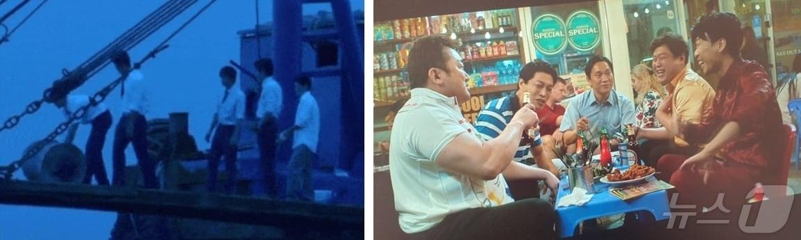 본문 이미지 -  영화 신세계에서 조폭들이 드럼통에 시신을 넣어 바다에 빠뜨리는 장면(왼쪽)과 베트남에서 악행을 일삼는 범인을 추격하는 내용의 영화 범죄도시2. ⓒ 뉴스1 DB