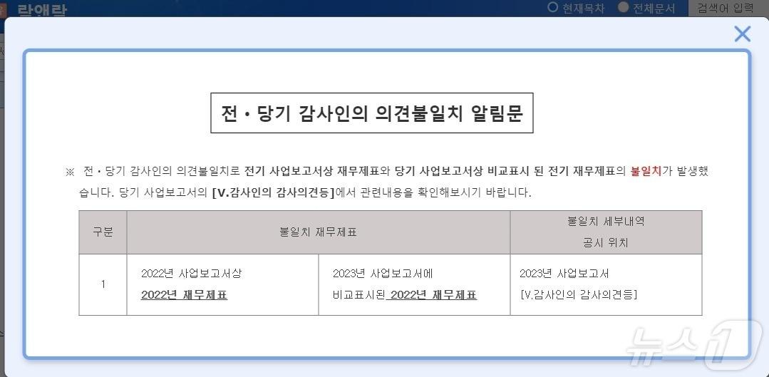 본문 이미지 - 락앤락 전·당기 감사인의 의견불일치 발생(락앤락 사업보고서 갈무리) 