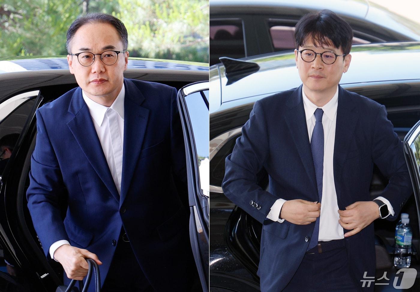 본문 이미지 - 이원석 검찰총장(왼쪽)과 이창수 신임 서울중앙지검 검사장이 16일 오전 서울 서초구 대검찰청과 서울중앙지검으로 출근하고 있다. 2024.5.16/뉴스1 ⓒ News1 박정호 기자,안은나 기자