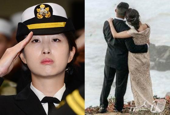 본문 이미지 - 최태원 SK그룹 회장 차녀 최민정씨의 해군 복무 시절 모습(왼쪽). 오른쪽은 결혼식 초청 서비스 \'ZOLA\' 온라인 페이지에 공개된 최씨의 웨딩 촬영 사진.2024.5.15 /뉴스1
