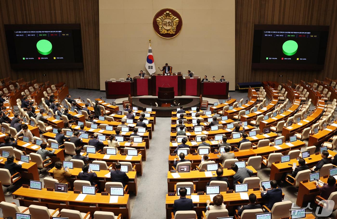 2일 서울 여의도 국회에서 열린 제414회국회(임시회) 제1차 본회의에서 '채상병특검법'(순직 해병수사 방해 및 사건 은폐 등의 진상규명을 위한 특별검사의 임명 등에 관한 법률안)이 야당 단독으로 통과되고 있다. 2024.5.2/뉴스1 ⓒ News1 송원영 기자