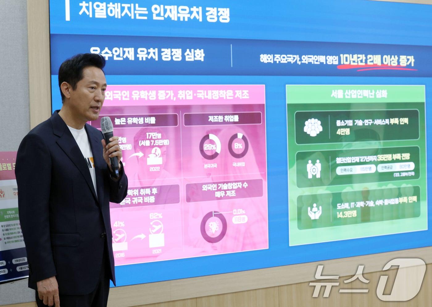 본문 이미지 - 오세훈 서울시장이 20일 오전 서울시 중구 세종대로 서울세청 브리핑룸에서 미래서울의 도시경쟁력 강화를 위한 외국인주민 정책 마스터플랜을 발표하고 있다. 2024.5.20/뉴스1 ⓒ News1 박정호 기자