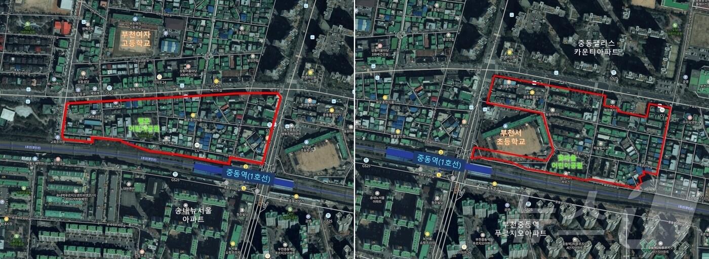 도심 공공주택 복합사업 선정지구로 지정된 부천 중동역 동측과 서측 항공사진(경기 부천시 제공)/뉴스1