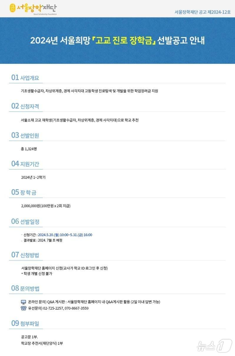 본문 이미지 - '서울희망 고교 진로 장학금'. (서울시 제공)ⓒ 뉴스1