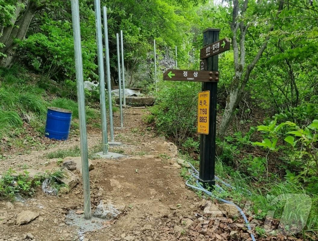본문 이미지 - 주한미군이 헬기장 보수공사를 하면서 금오산 등산로에 설치한 펜스 모습.(독자 제공) 2024.5.24/뉴스1