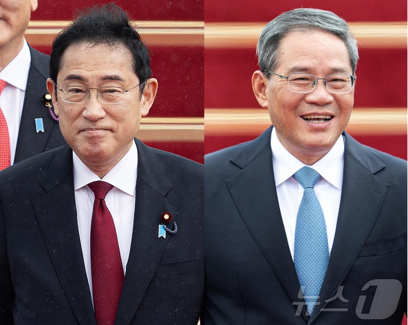 본문 이미지 - 기시다 후미오(岸田文雄) 일본 총리(왼쪽)와 리창 중국 국무원 총리가 26일 한일중 정상회의 참석차 경기도 성남시 서울공항에 도착하고 있다. 2024.5.26/뉴스1 ⓒ News1 이재명 기자
