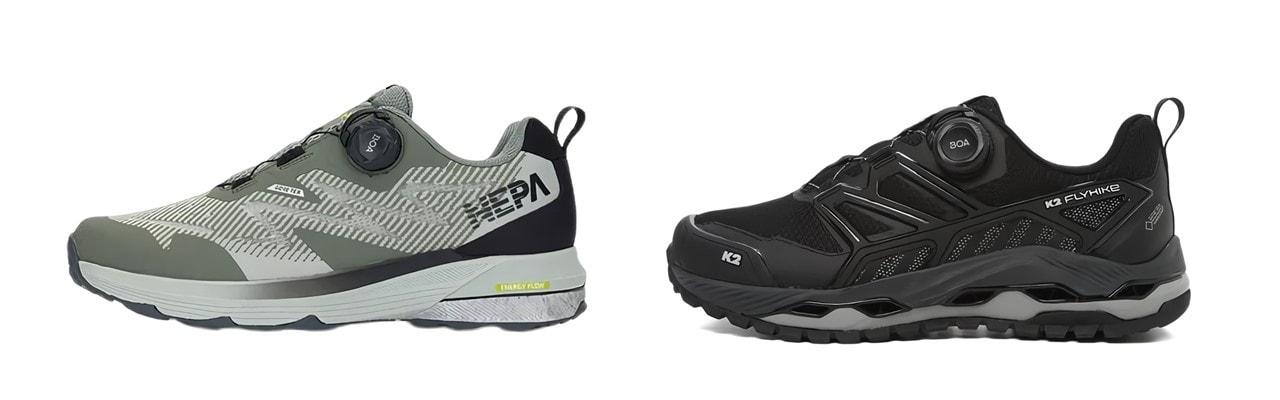 본문 이미지 - 고어텍스 인비저블 핏 기술이 적용된 네파 '휘슬라이저 고어텍스'(왼쪽), 고어텍스 서라운드 기술이 적용된 K2 '플라이하이크 벤쳐'.(고어텍스제공)