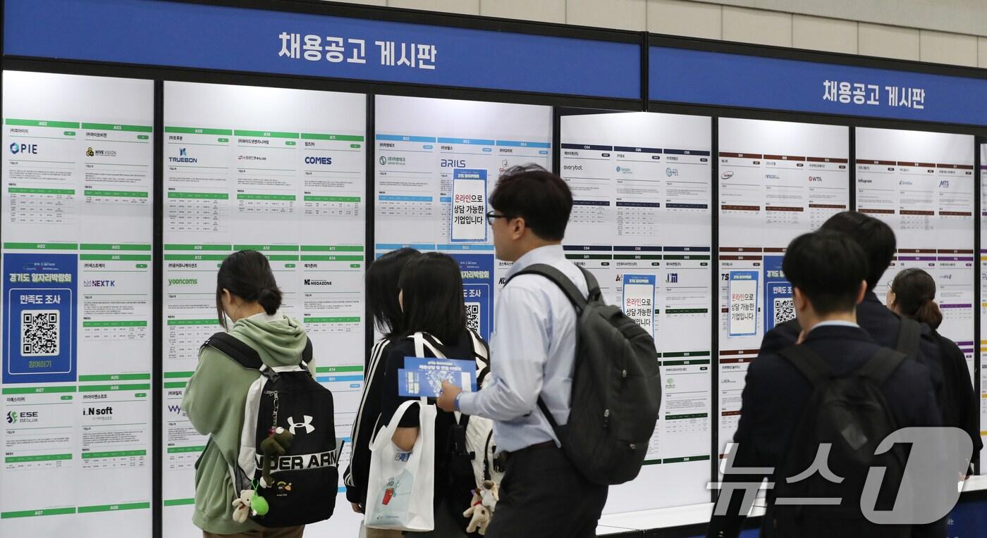 28일 경기 수원시 영통구 수원컨벤션센터에서 열린 '2024 경기도 일자리 박람회'에서 구직자들이 채용공고 게시판을 살펴보고 있다. 2024.5.28/뉴스1 ⓒ News1 김영운 기자
