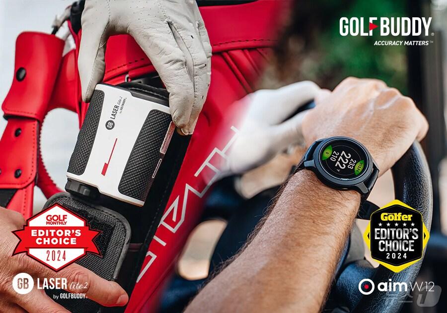 본문 이미지 -  골프버디 레이저형 거리측정기 GB LASER lite2(왼쪽)와 워치형 거리측정기 aim W12 (골프존데카 제공)