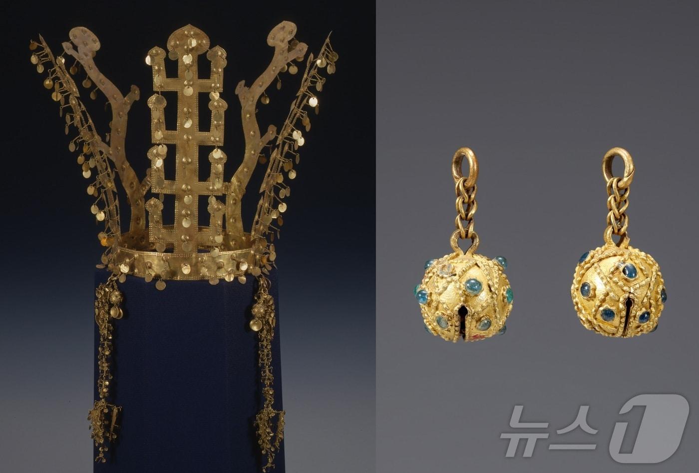 본문 이미지 - 경주 금령총에서 출토된 금관(왼쪽)과 금방울(합천군 제공).