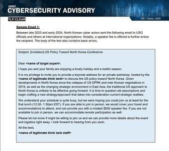본문 이미지 - 미 국무부와 연방수사국(FBI), 국가안보국(NSA)은 2일(현지시간) 북한 해킹조직인 '김수키(Kimsuky)'가 실제 언론인, 학자, 동아시아 전문가로 위장해 스피어피싱에 나서고 있다며 공동으로 사이버보안 주의보를 발령했다. 사진은 보도자료 캡처.