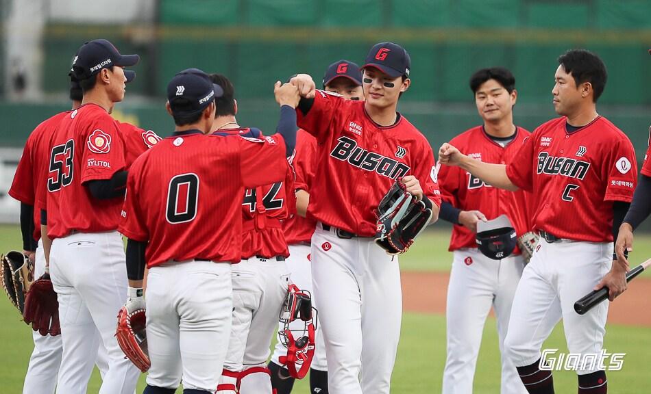 본문 이미지 - 동백유니폼을 입은 롯데 자이언츠 선수들. (롯데 자이언츠 제공)