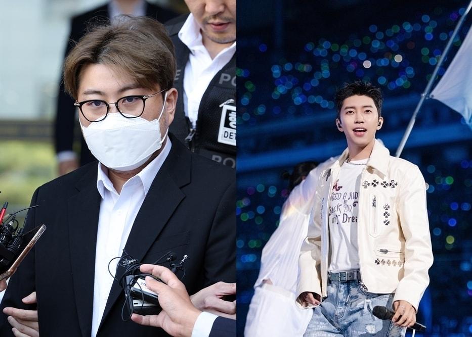 본문 이미지 -  31일 오전 서울 강남경찰서에서 나와 검찰로 구속 송치되고 있는 김호중(왼쪽)과 지난 25~26일 서울월드컵경기장에서 콘서트를 연 임영웅. (ⓒ News1 DB)