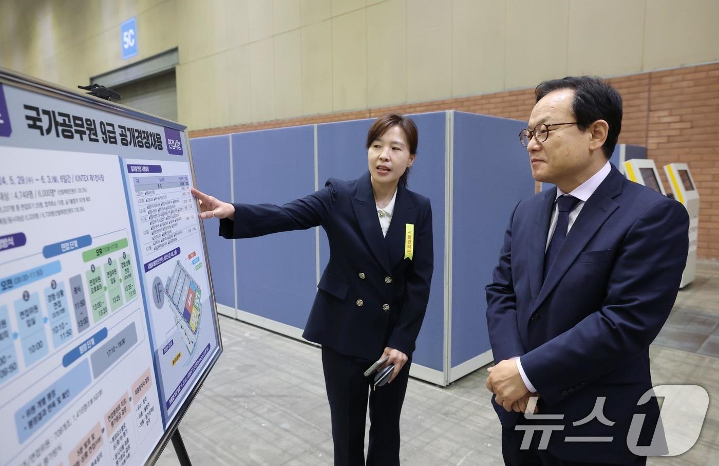 김승호 인사혁신처장이 31일 경기도 고양시 킨텍스 제1전시장에서 진행된 국가공무원 9급 공개경쟁채용 면접시험장을 방문해 시험 상황을 점검하고 있다. (인사혁신처 제공) 2024.5.31/뉴스1