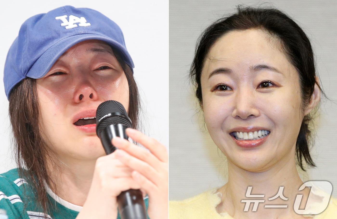 본문 이미지 - 민희진 어도어 대표가 31일 서울 중구 프레스센터에서 어도어 임시주주총회 관련 2차 기자회견을 했다. 사진은 지난달 25일 민대표의 1차 기자회견(왼쪽)모습과 2차 기자회견의 모습. 2024.5.31/뉴스1 ⓒ News1 이재명 기자