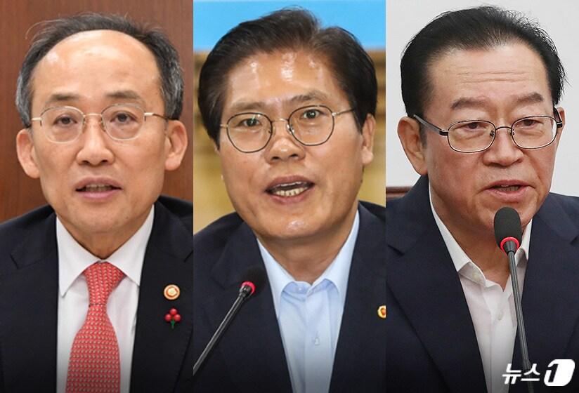 본문 이미지 - 9일 실시되는 국민의힘 원내대표 선거에 출마 의사를 밝힌 추경호, 송석준, 이종배 의원(왼쪽부터)  ⓒ News1 윤주희 디자이너