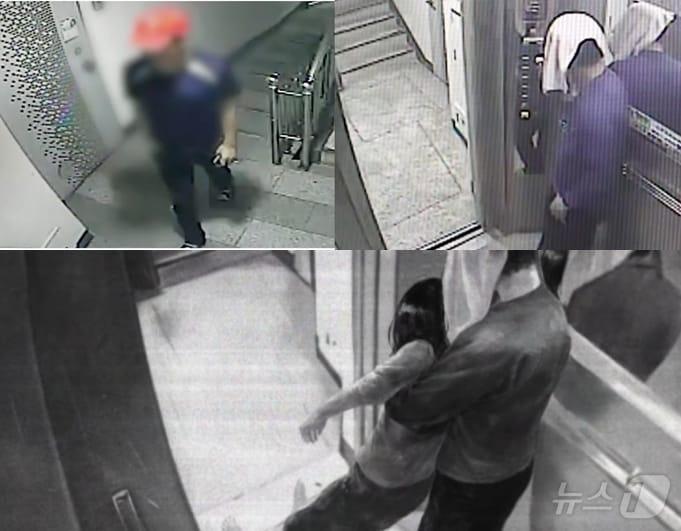 본문 이미지 -  2019년 5월 29일 강간 및 살인 혐의로 구속된 A 씨가 이틀전인 5월 28일 아침 선배 약혼녀 B 씨 집에 빨간 모자를 쓴 채(사진 왼쪽 위부터 시계방향) 찾아가 성폭행을 시도했다.  B 씨가 이를 피해 6층에서 뛰어내리자 옷을 갈아입고 수건을 뒤집어쓴 채 1층으로 내려가 피해자를 다시 끌고와 재차 성폭행을 시도했다. (CCTV= 순천경찰서, KBS 스모킹건 갈무리) ⓒ 뉴스1
