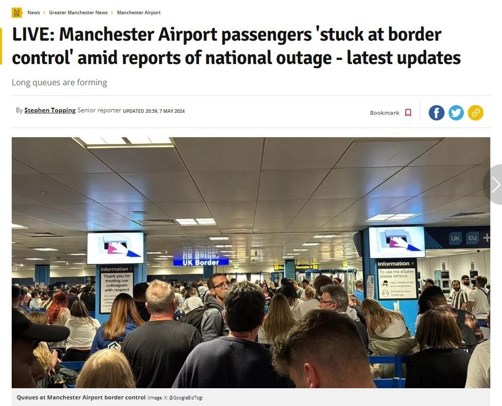 본문 이미지 - 7일(현지시간) 영국 맨체스터 공항 수속 지연 사태를 보도한 맨체스터이브닝뉴스 기사 갈무리. 2024.05.07/
