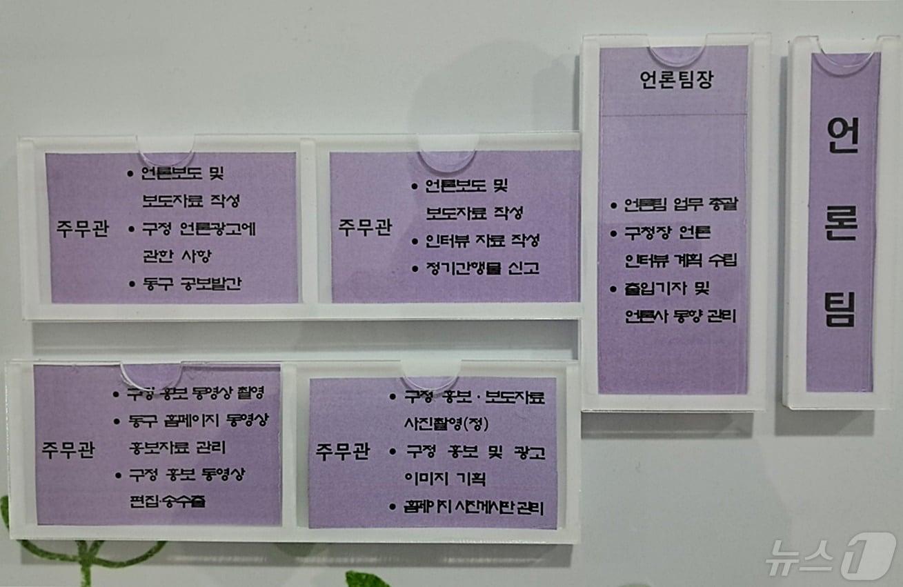 본문 이미지 - 대전 한 구청에 사진과 성명이 삭제된 새로운 직원 배치도가 붙어 있다. /뉴스1 ⓒNews1 최일 기자