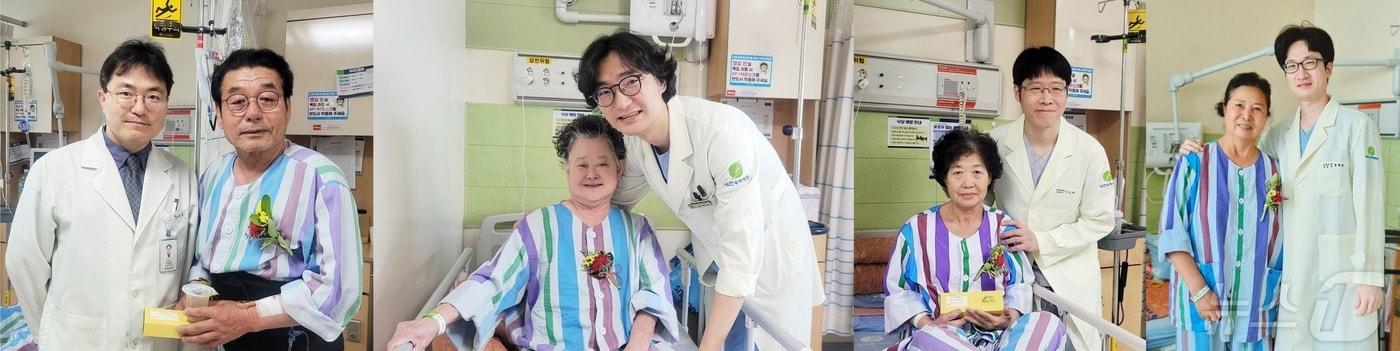대전우리병원 척추센터 박정훈(왼쪽부터)·유채민 원장, 관절센터 이도현·정재균 원장이 어버이 날을 맞아 입원 환자에 카네이션을 전달하고 기념촬영을 하고 있다. (대전우리병원 제공)/뉴스1