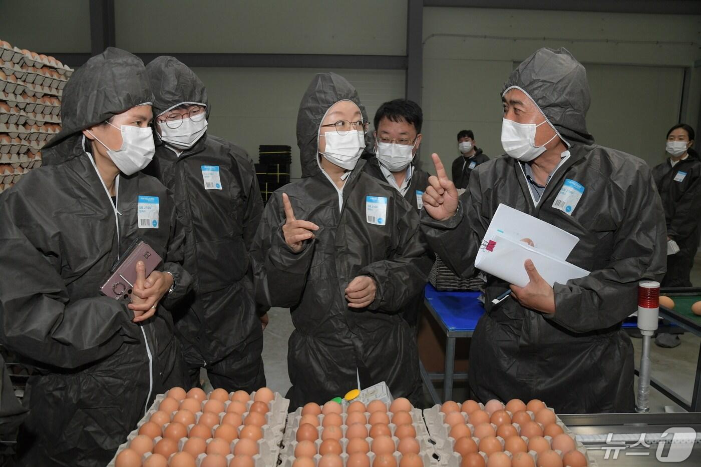 오유경 식품의약품안전처장이 경기 선유팜과 농업회사법인 해밀을 방문, 달걀의 생산부터 선별·포장까지 위생관리 현황을 점검하던 모습. (식약처 제공) /뉴스1