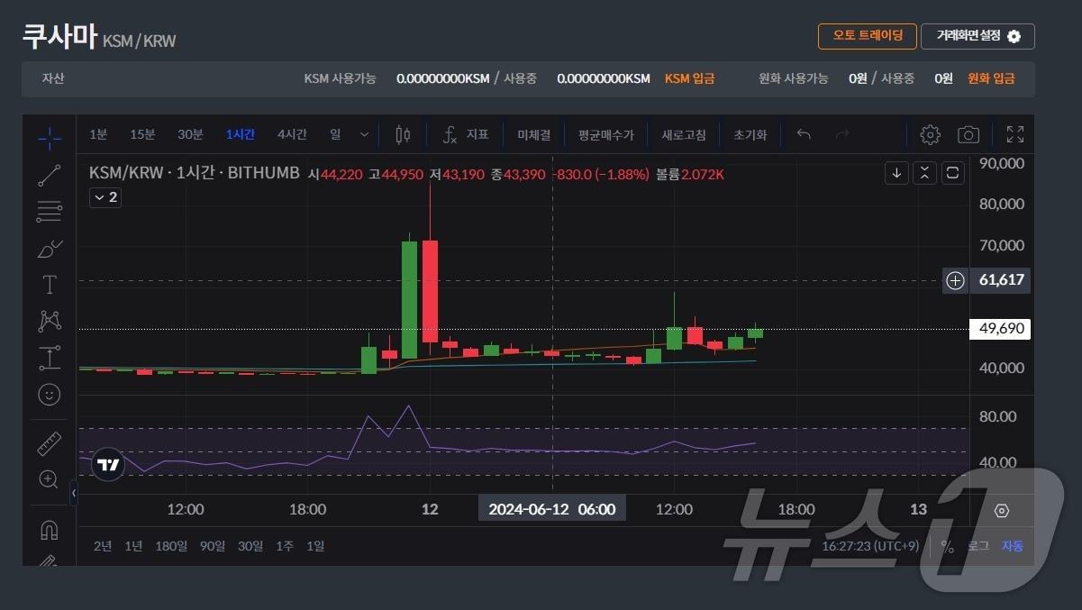 본문 이미지 - 빗썸에서 거래되고 있는 쿠사마 코인. (빗썸 차트 갈무리)