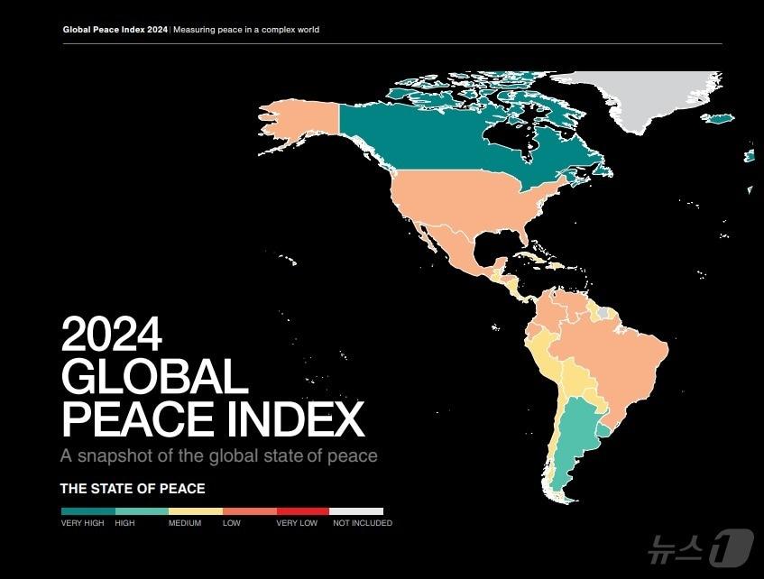 본문 이미지 - 호주 국제관계 싱크탱크 &#39;경제·평화 연구소&#39;&#40;IEP&#41;가 14일 발표한 &#39;세계평화지수&#40;GPI&#41; 2024&#39; 보고서에서 한국이 46위로 순위가 올랐다. 북한은 152위로 하락했다. &#40;출처=IEP 홈페이지&#41; 2024.6.14./뉴스1