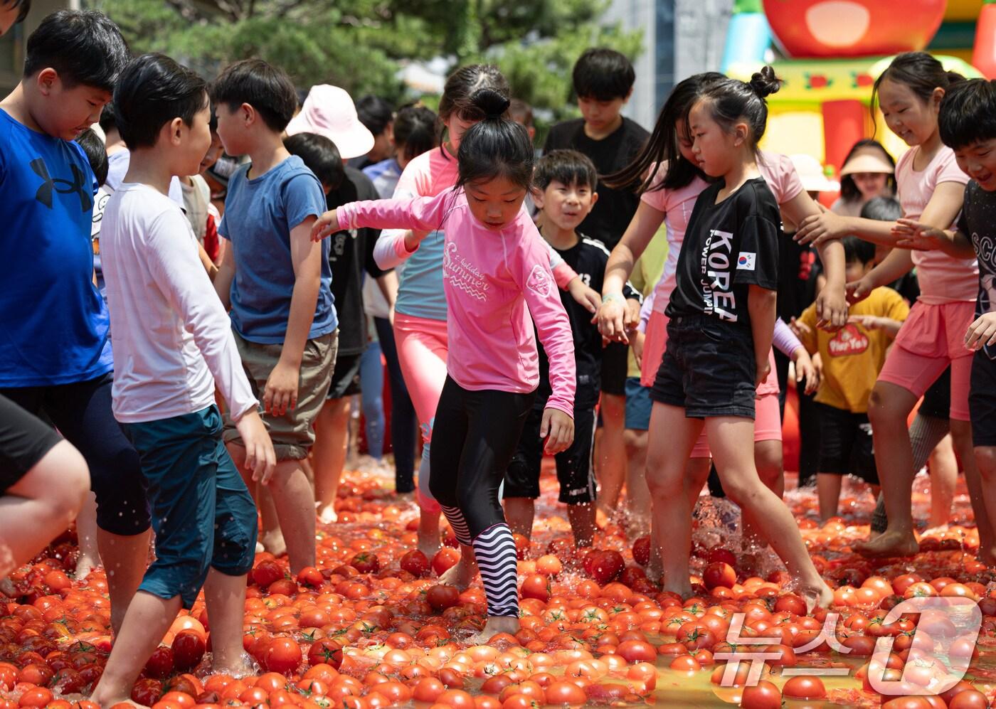 본문 이미지 - 16일 오후 경기도 광주시 퇴촌면 광동로 일원에서 열린 제22회 퇴촌토마토축제를 찾은 어린이들이 토마토풀장에서 즐거운 시간을 보내고 있다. 2024.6.16/뉴스1 ⓒ News1 이재명 기자