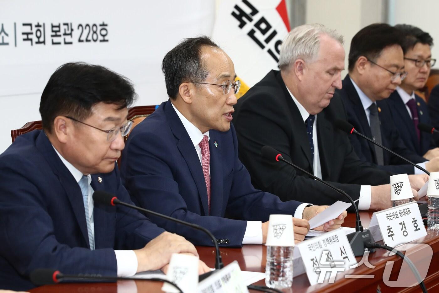 본문 이미지 - 추경호 국민의힘 원내대표가 17일 오후 서울 여의도 국회에서 열린 의료개혁특별위원회 당정회의에서 발언하고 있다.2024.6.17/뉴스1 ⓒ News1 이광호 기자