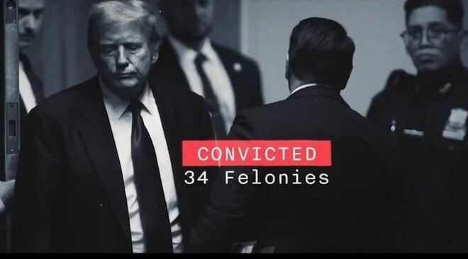 본문 이미지 - 17일(현지시간) 조 바이든 미국 대통령 측이 공개한 대선 광고 영상에서 도널드 트럼프 전 대통령의 '34개 범죄 혐의 유죄 평결'(성추문 입막음 돈 사건)에 대한 사안이 부각되고 있다. (폴리티코 게재 영상 갈무리) 2024.06.18/뉴스1