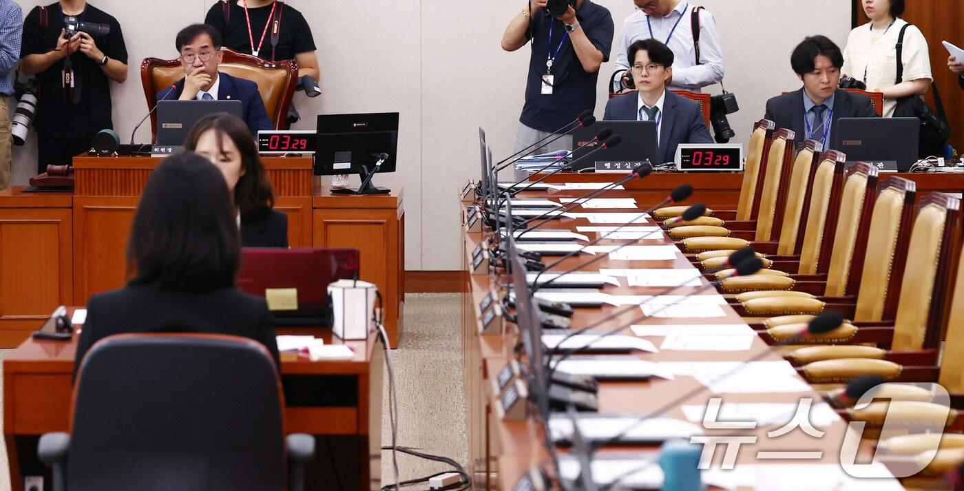 본문 이미지 - 맹성규 국회 국토교통위원회 위원장이 18일 오전 서울 여의도 국회에서 국민의힘 위원들 불참 속에서 국토교통위원회 2차 전체회의를 진행하고 있다. 2024.6.18/뉴스1 ⓒ News1 김민지 기자