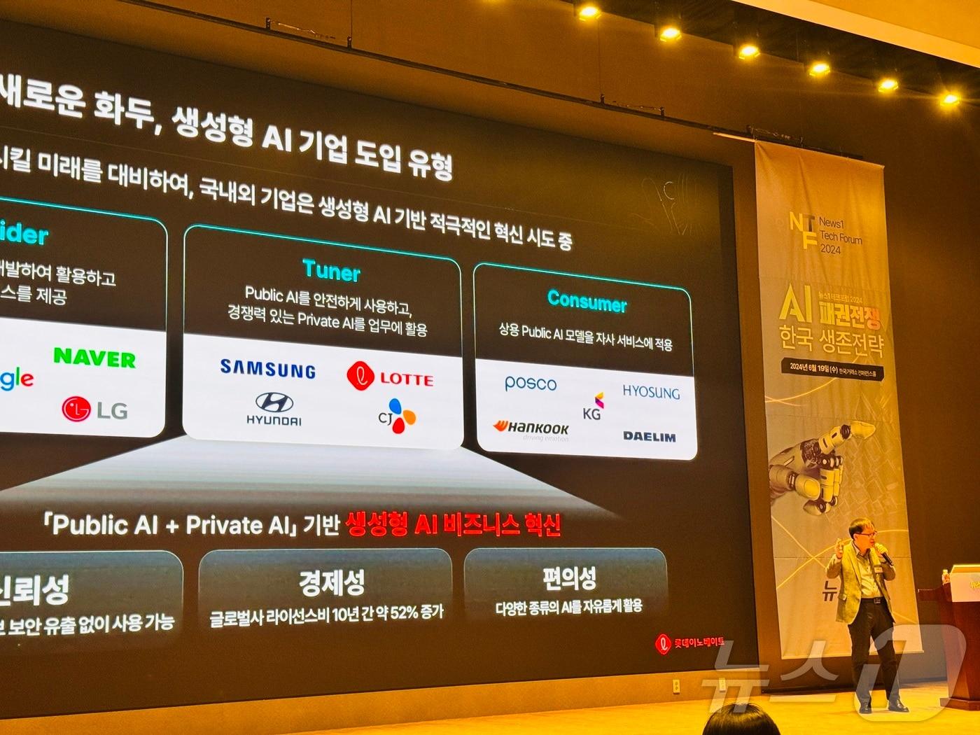 본문 이미지 - 박종남 롯데이노베이트 AI 테크 부문장이 19일 서울 여의도 한국거래소 컨퍼런스홀에서 'AI 패권전쟁, 한국 생존전략'을 주제로 열린 2024 뉴스1 테크포럼(NTF)에서 발표를 하고 있다. 2024.6.19/뉴스1 ⓒ News1 서장원기자