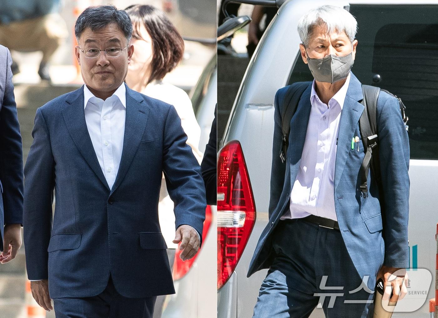 본문 이미지 - 지난 대선 직전 윤석열 대통령의 명예를 훼손할 목적으로 허위 인터뷰를 한 혐의를 받는 화천대유 대주주 김만배씨(왼쪽)와 신학림 전 언론노조위원장이 20일 서울 서초구 중앙지방법원에서 열린 구속 전 피의자 심문(영장실질심사)에 출석하고 있다. 2024.6.20/뉴스1 ⓒ News1 유승관 기자