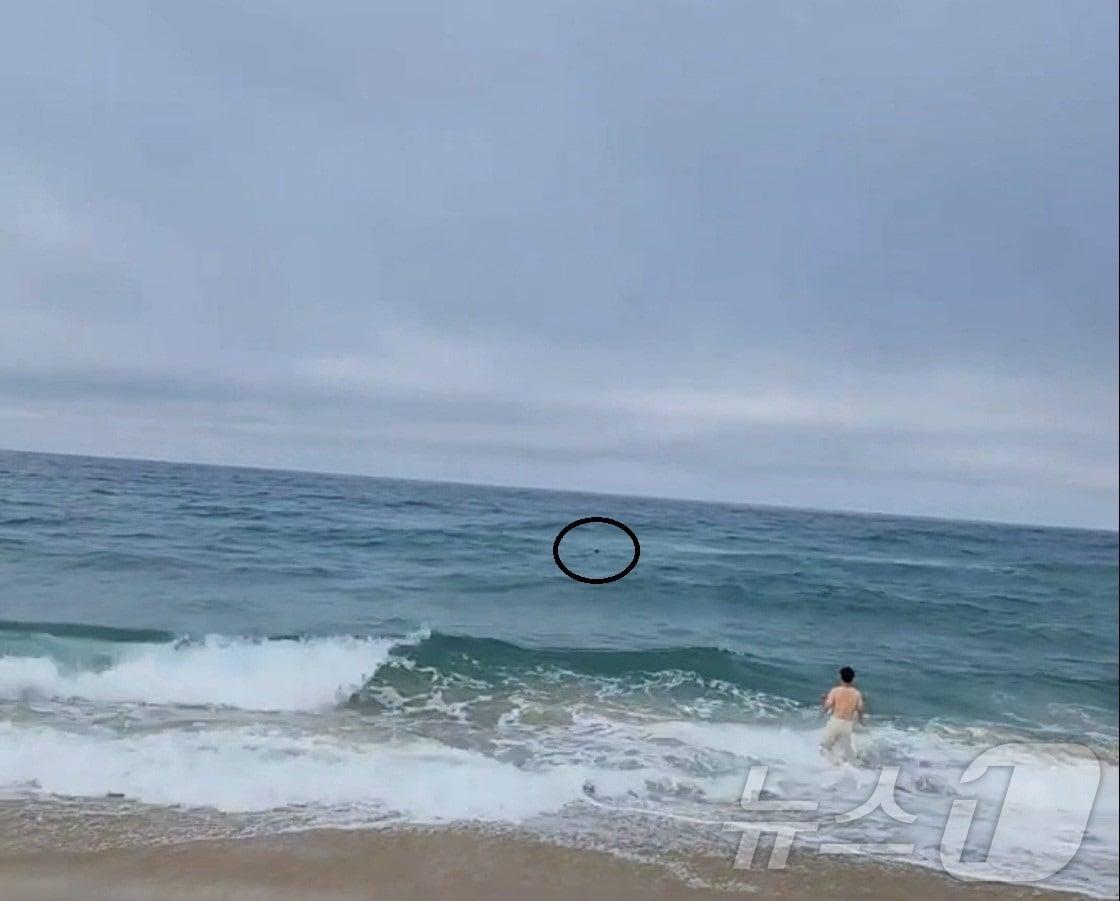본문 이미지 - 지난 23일 강원 양양 현북면 서피비치를 찾았다가 익수자를 발견하고 바다로 뛰어드는 속초해경 소속 황태양 순경. 원안은 익수자.(속초해경 제공)2024.6.24/뉴스1