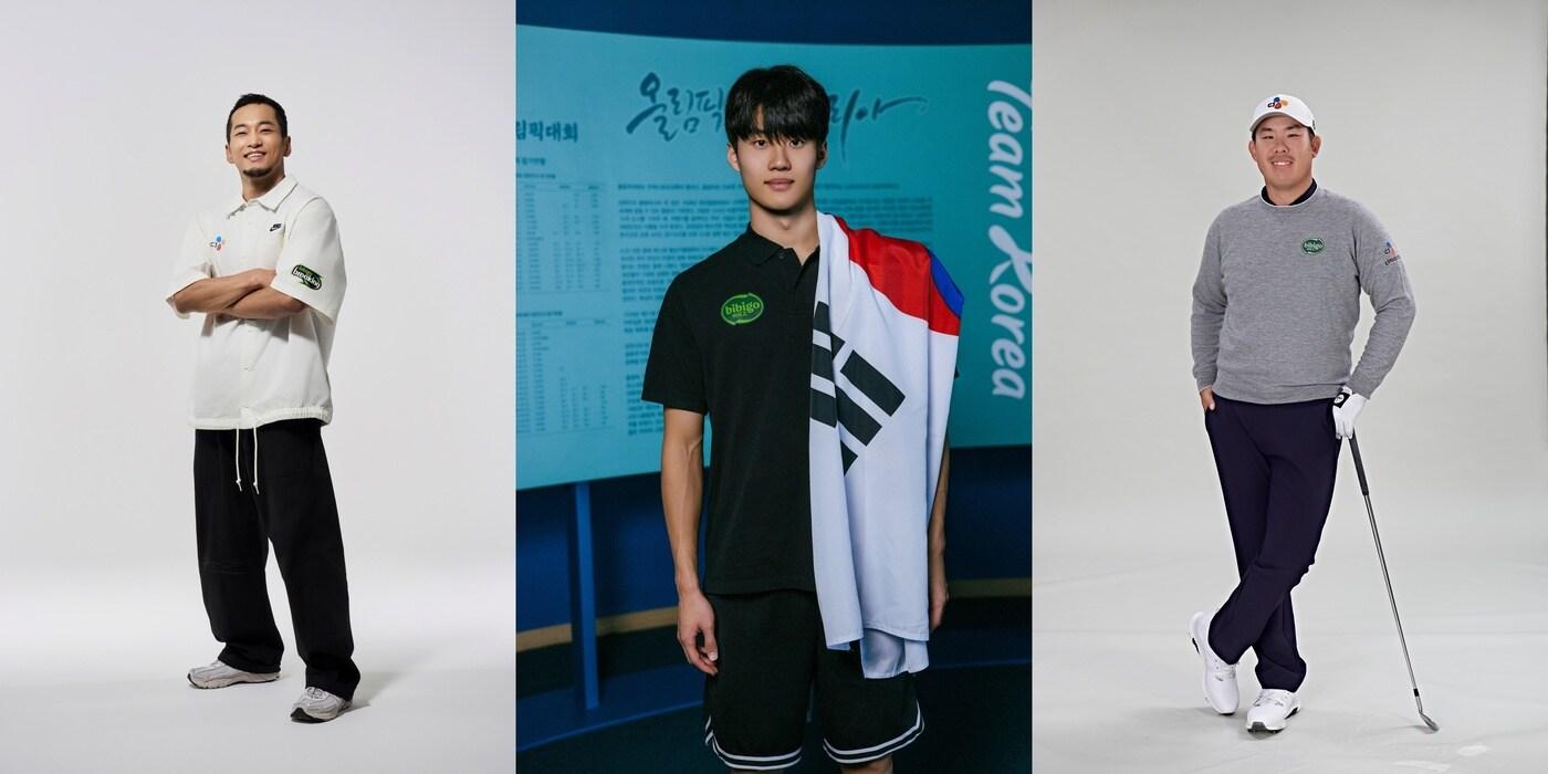 본문 이미지 - 파리 올림픽에 출전하는 홍텐 김홍열(왼쪽부터), 황선우, 안병훈. (CJ그룹 제공)