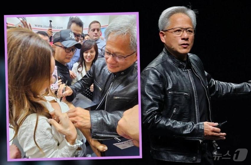 본문 이미지 - 젠슨 황 엔비디아 CEO가 강연하는 모습과 여성의 탱크톱에 사인을 하고 있는 모습을 합성한 사진-SCMP 갈무리 